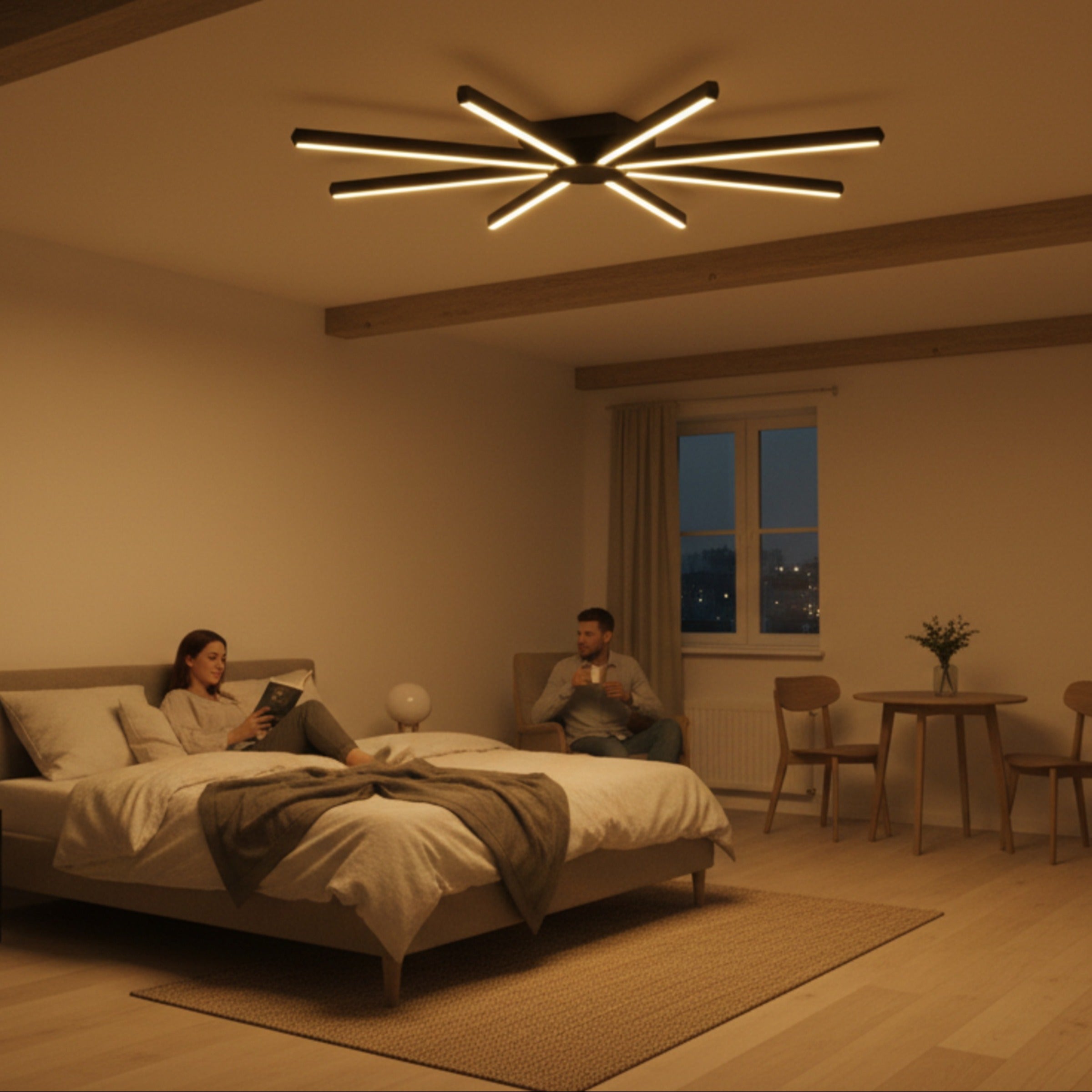 Minimalist yatak odası tasarımında dinlendirici ışık sağlayan Pulsar LED armatürü.
