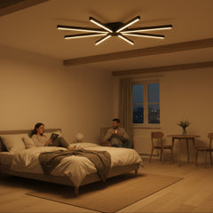 Minimalist yatak odası tasarımında dinlendirici ışık sağlayan Pulsar LED armatürü.