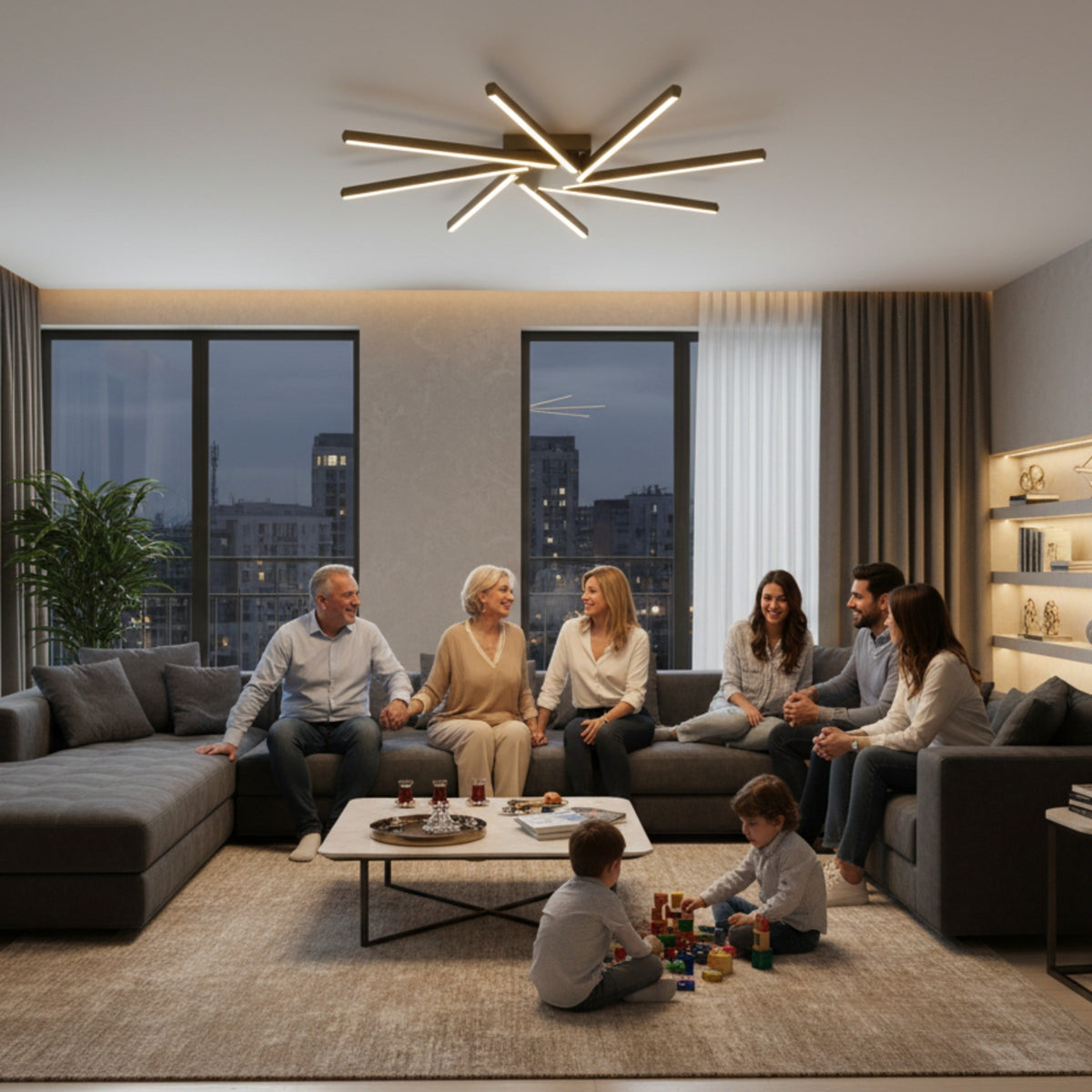 Modern bir salonda geniş aile toplantısını aydınlatan Zenit 8 kollu siyah LED tavan avizesi.