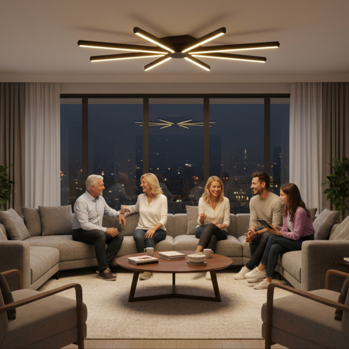 Geniş bir aile odasında sıcak ve davetkar bir ortam sunan Pulsar modern LED avize.