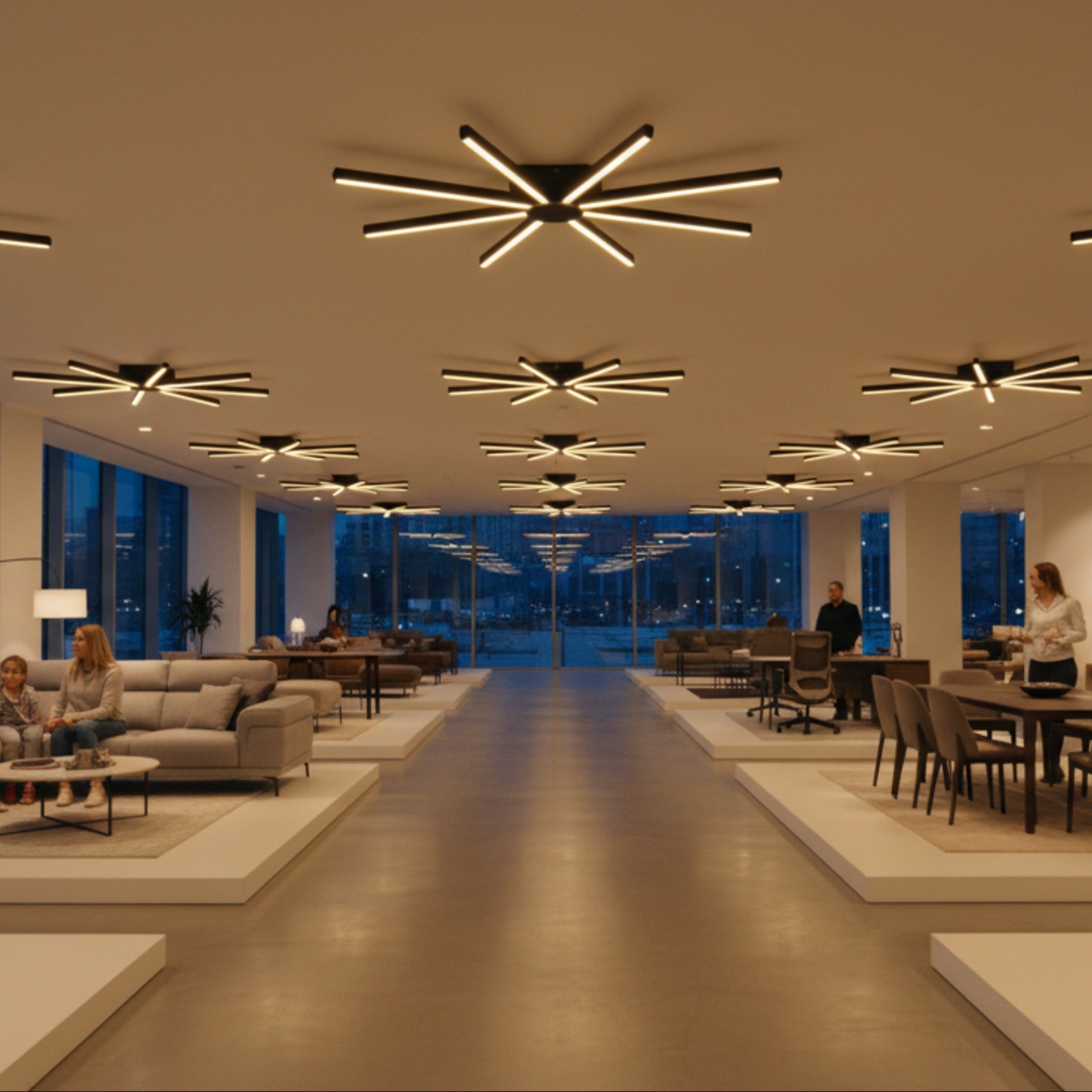 Geniş bir showroom alanında seri halde kullanılan Pulsar modern LED tavan aydınlatmaları.