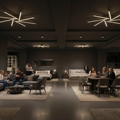 Lüks mobilya showroom tavanında Zenit modern 8 kollu siyah LED avize kompozisyonu.