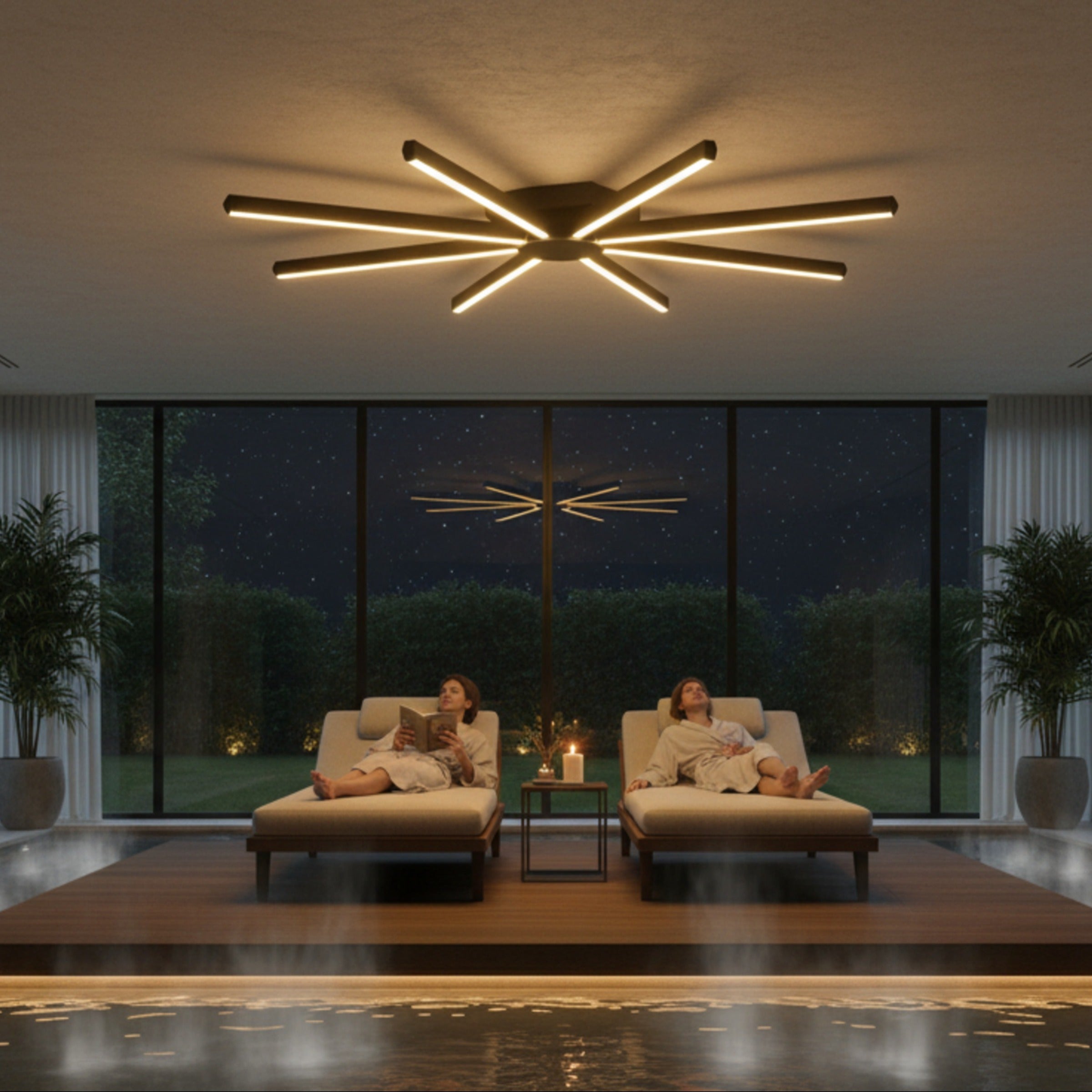 Kapalı havuz ve spa dinlenme alanlarında huzurlu bir ışık sağlayan Pulsar LED tasarımı.