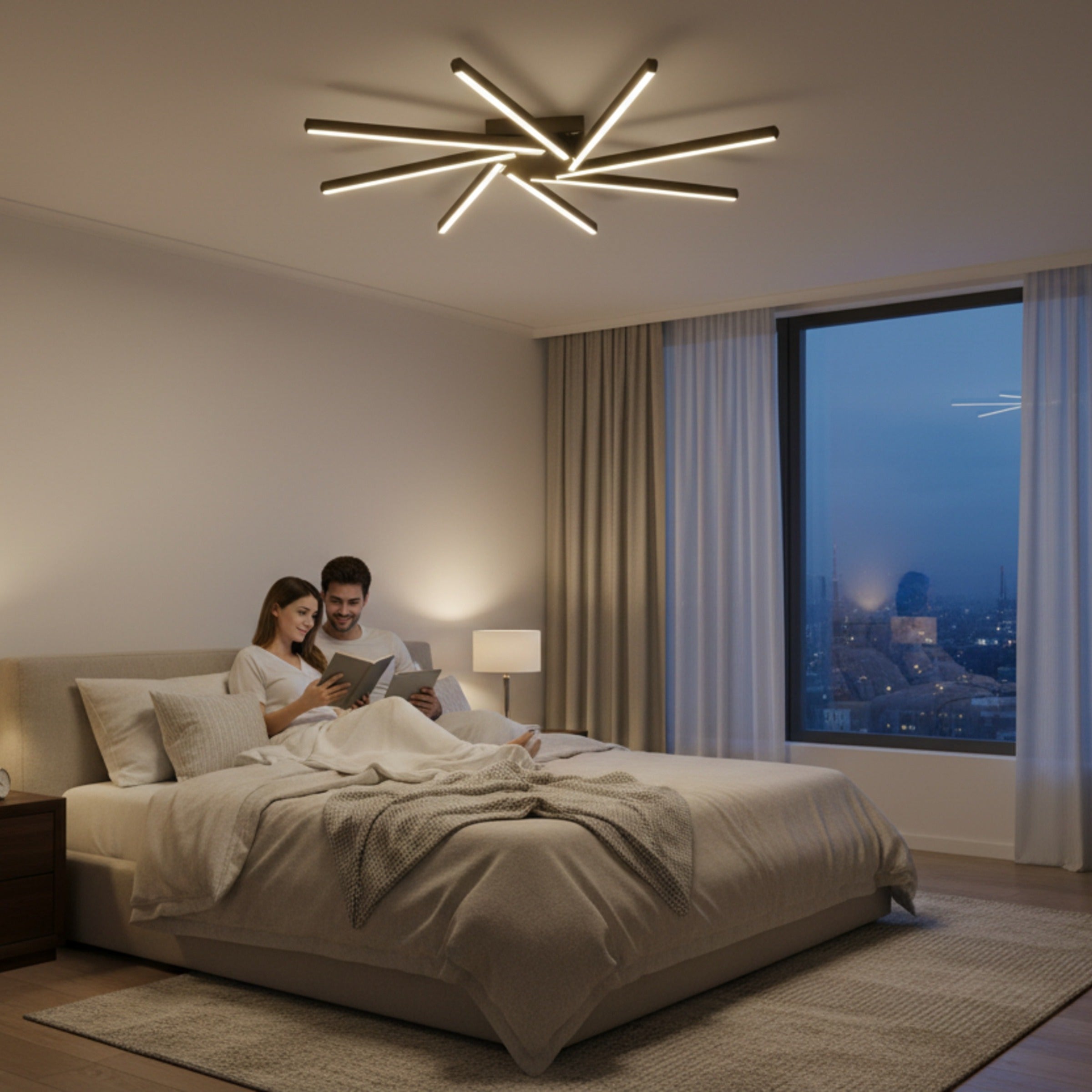 Zenit Modern LED Tavan Avize yatak odası aydınlatması altında kitap okuyan çift lifestyle çekimi.