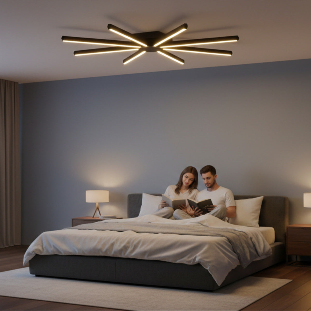 Gece okuma seansları için dim edilebilir Pulsar modern LED avize ile konforlu yatak odası.