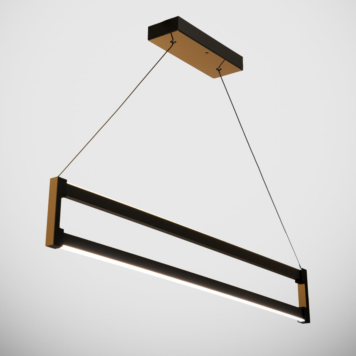Orion serisi siyah metal gövdeli ve gold detaylı modern iç mekan lineer LED sarkıt avize genel görünümü.