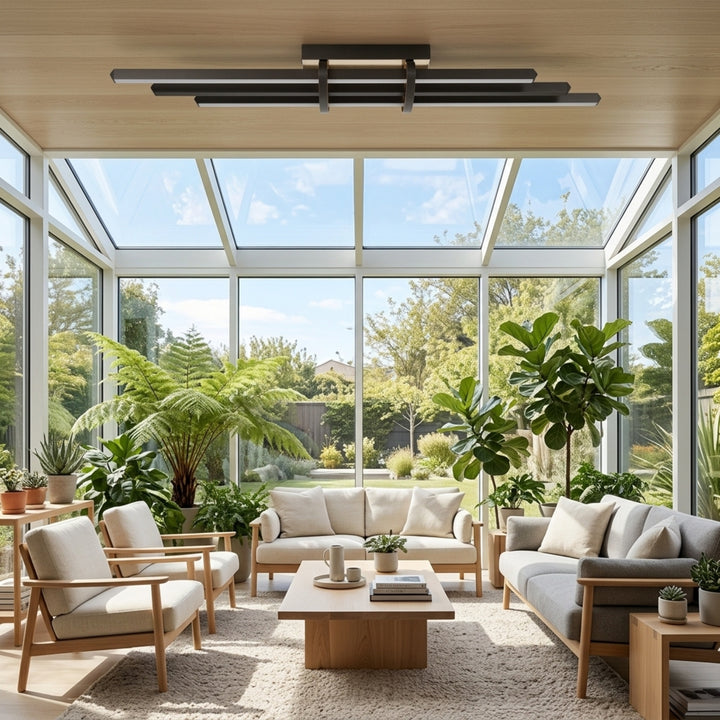 EnzoLight Cosmo Up&Down Modern LED Tavan Avize Plafonyer - Kış Bahçesi ve Teras İskandinav Sade Çizgilerle Gündüz Doğal Gün Işığında Tavana Montaj Görünümü