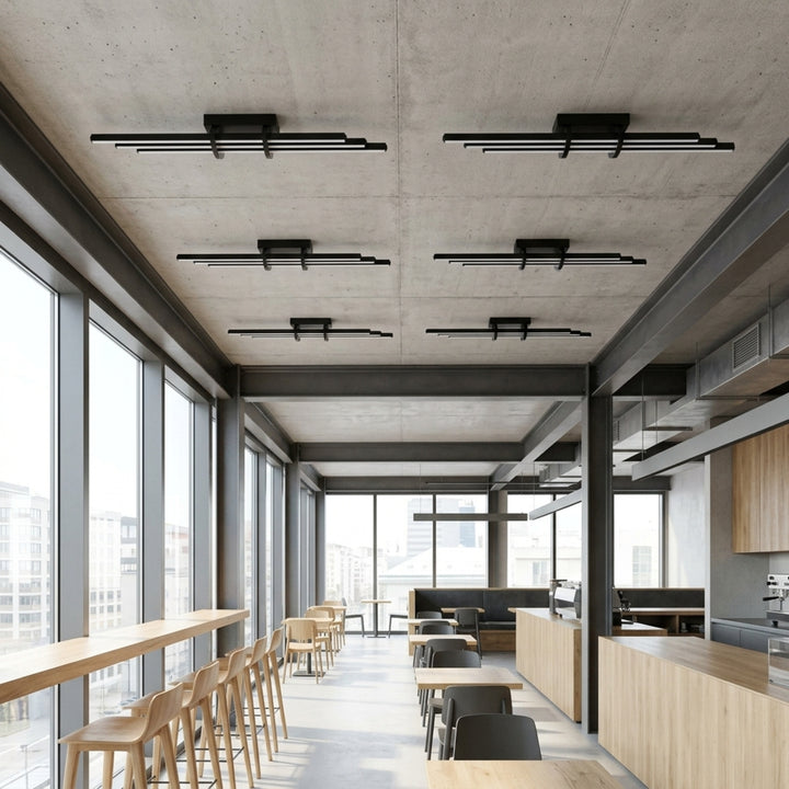 EnzoLight Cosmo Plafonyer Modern LED Tavan Avize Plafonyer - Cafe, Bar ve Restoran Masası Modern Mimari Çizgilerle Gündüz Doğal Gün Işığında Tavana Montaj Görünümü