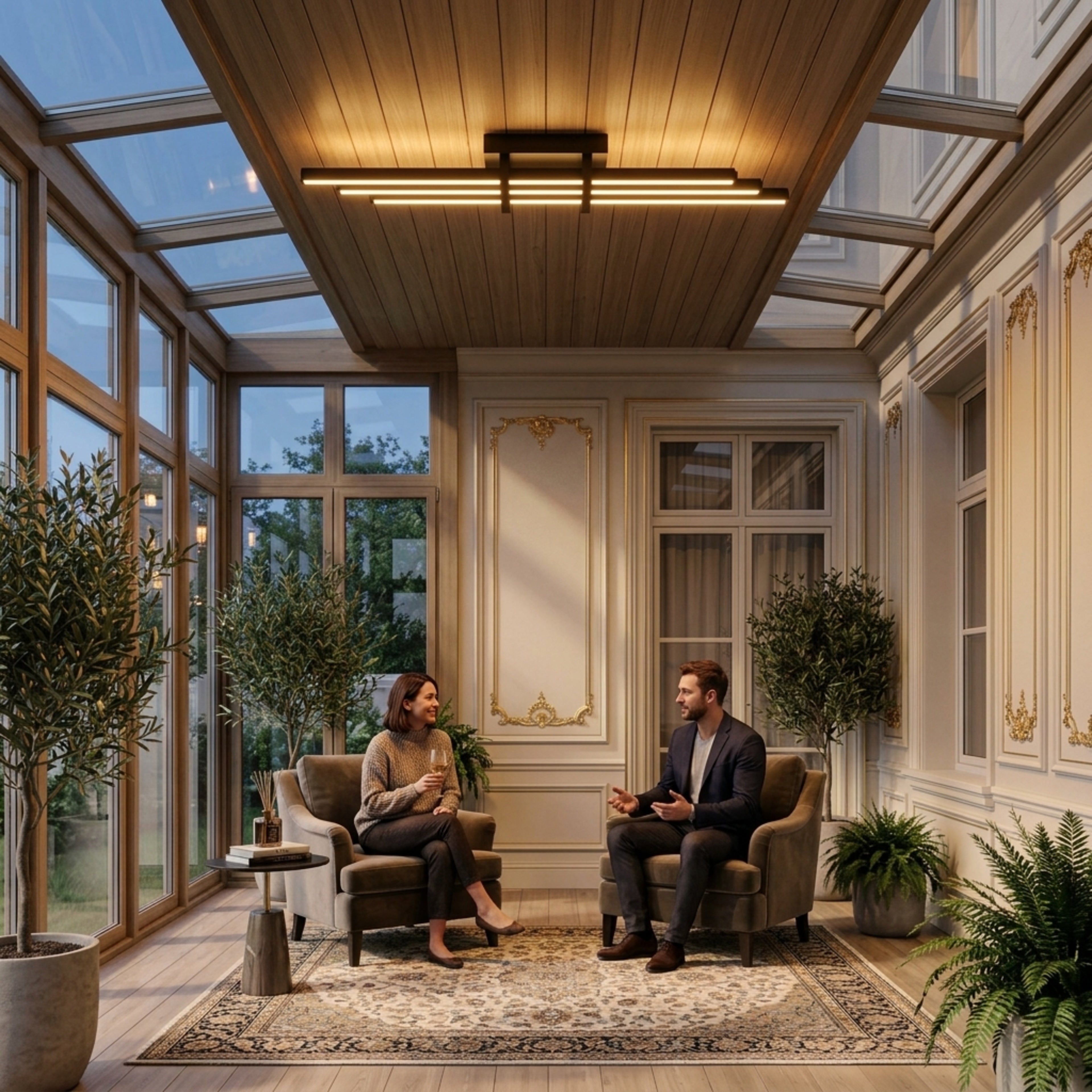 Enzo Light Cosmo Plafonyer 120cm Plafonyer Tavan Avizesi - Kış Bahçesi Akşam Açık Işıkla Homojen Sıcak Aydınlatma Ambiyansı