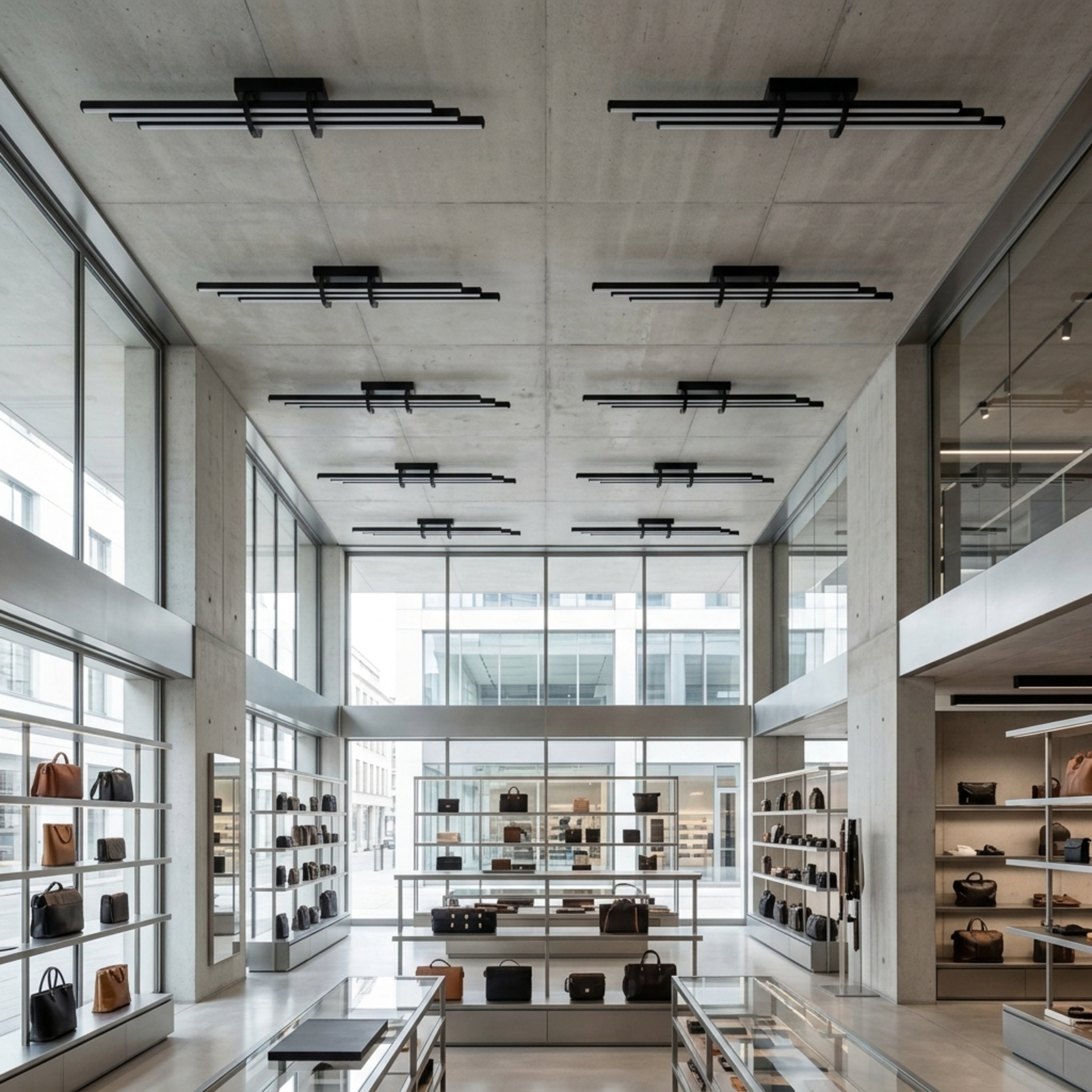 EnzoLight Cosmo Plafonyer Modern LED Tavan Avize Plafonyer - Mağaza ve Showroom Tavanı Modern Mimari Çizgilerle Gündüz Doğal Gün Işığında Tavana Montaj Görünümü