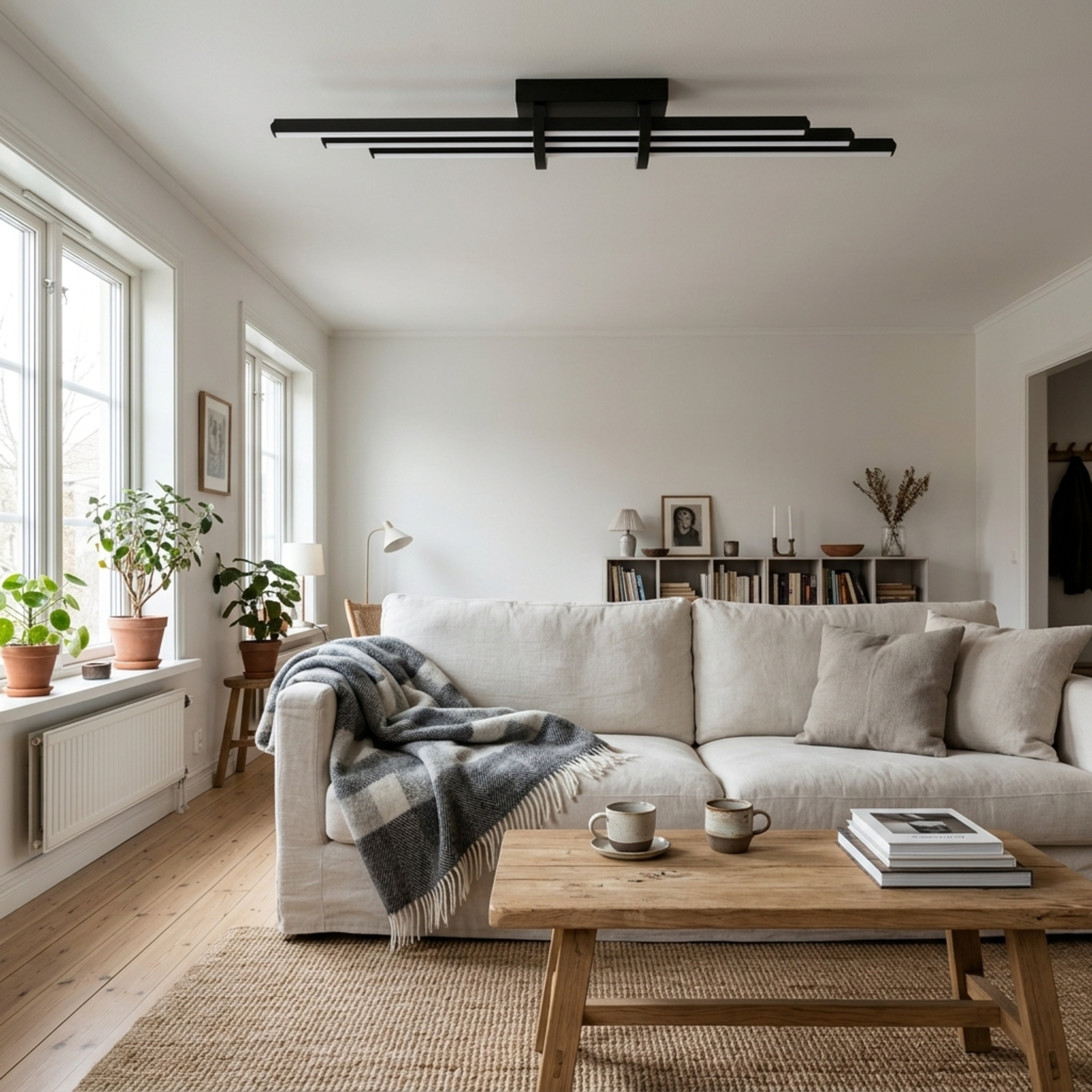EnzoLight Cosmo Plafonyer Modern LED Tavan Avize Plafonyer - Lüks Salon ve Oturma Odası İskandinav Sade Çizgilerle Gündüz Doğal Gün Işığında Tavana Montaj Görünümü