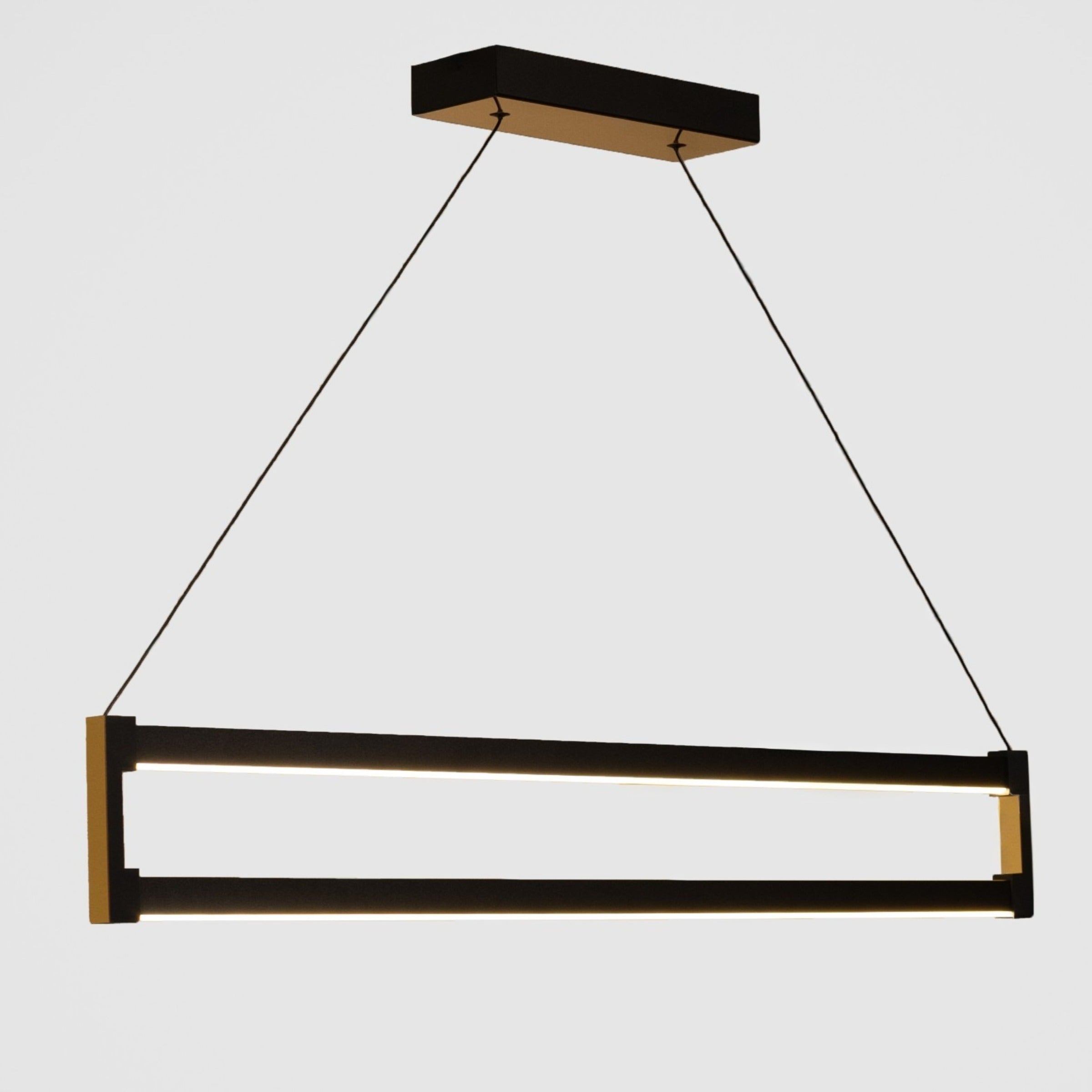 Modern salon dekorasyonuna uygun çift katmanlı lineer led sarkıtın perspektif açıdan şık ve endüstriyel duruşu.