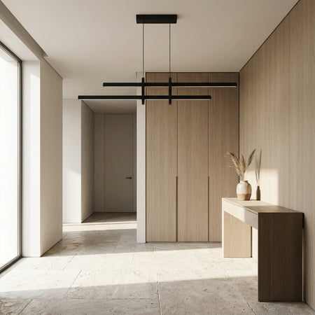 EnzoLight Halo Lineer LED Sarkıt Avize - Hol, Antre ve Karşılama Alanı Minimalist Yaşam Konseptinde Gündüz Doğal Gün Işığında Tavana Montaj Görünümü