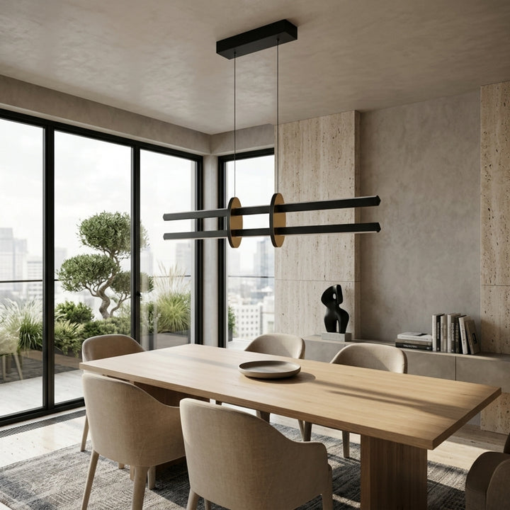 EnzoLight Halo Lineer LED Sarkıt Avize - Kapalı Balkon ve Teras Perspektif Mimari Yerleşiminde Gündüz Doğal Gün Işığında Tavana Montaj Görünümü