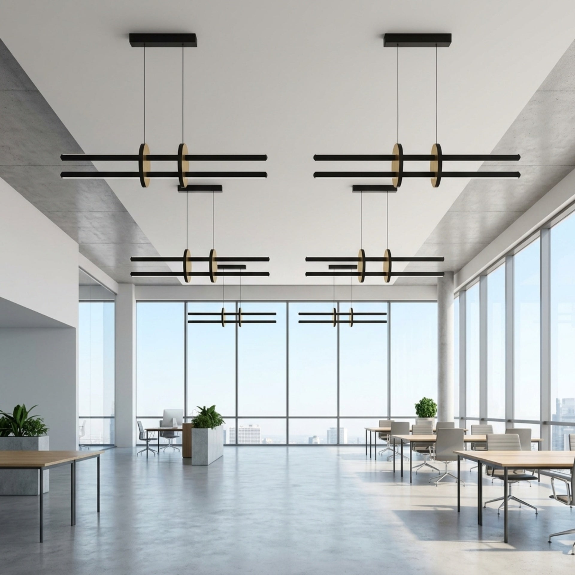 EnzoLight Halo Lineer LED Sarkıt Avize - Modern Ofis ve Çalışma Alanı Minimalist Yaşam Konseptinde Gündüz Doğal Gün Işığında Tavana Montaj Görünümü