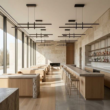 EnzoLight Halo Lineer LED Sarkıt Avize - Cafe, Bar ve Restoran Masası Minimalist Yaşam Konseptinde Gündüz Doğal Gün Işığında Tavana Montaj Görünümü