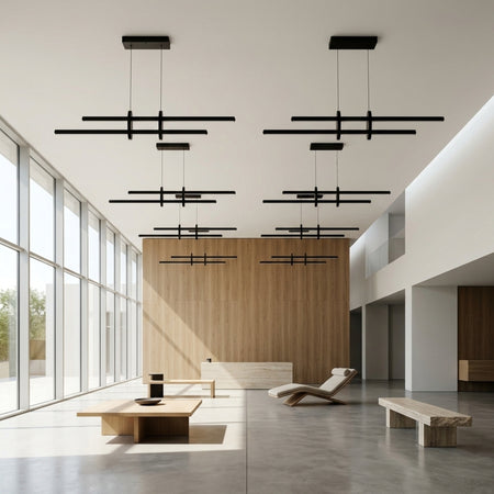 EnzoLight Halo Lineer LED Sarkıt Avize - Lüks Yaşam Alanı Minimalist Yaşam Konseptinde Gündüz Doğal Gün Işığında Tavana Montaj Görünümü