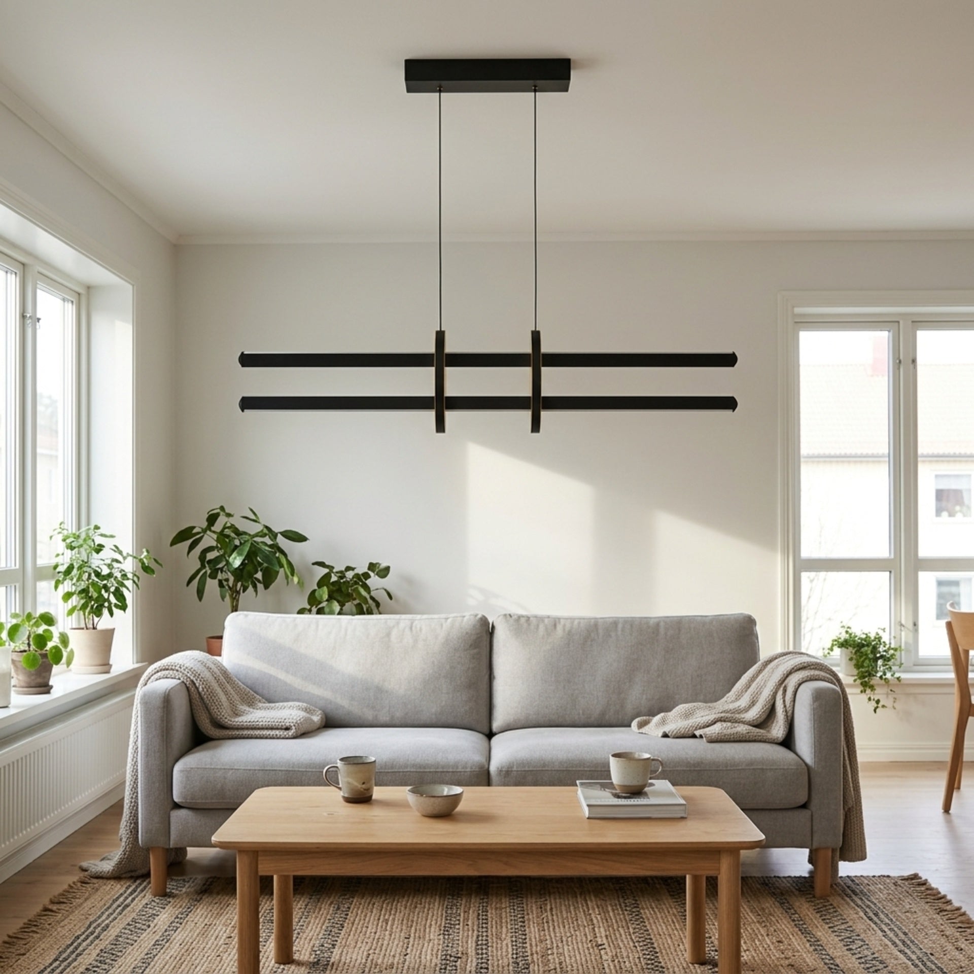 EnzoLight Halo Lineer LED Sarkıt Avize - Lüks Salon ve Oturma Odası İskandinav Sade Çizgilerle Gündüz Doğal Gün Işığında Tavana Montaj Görünümü