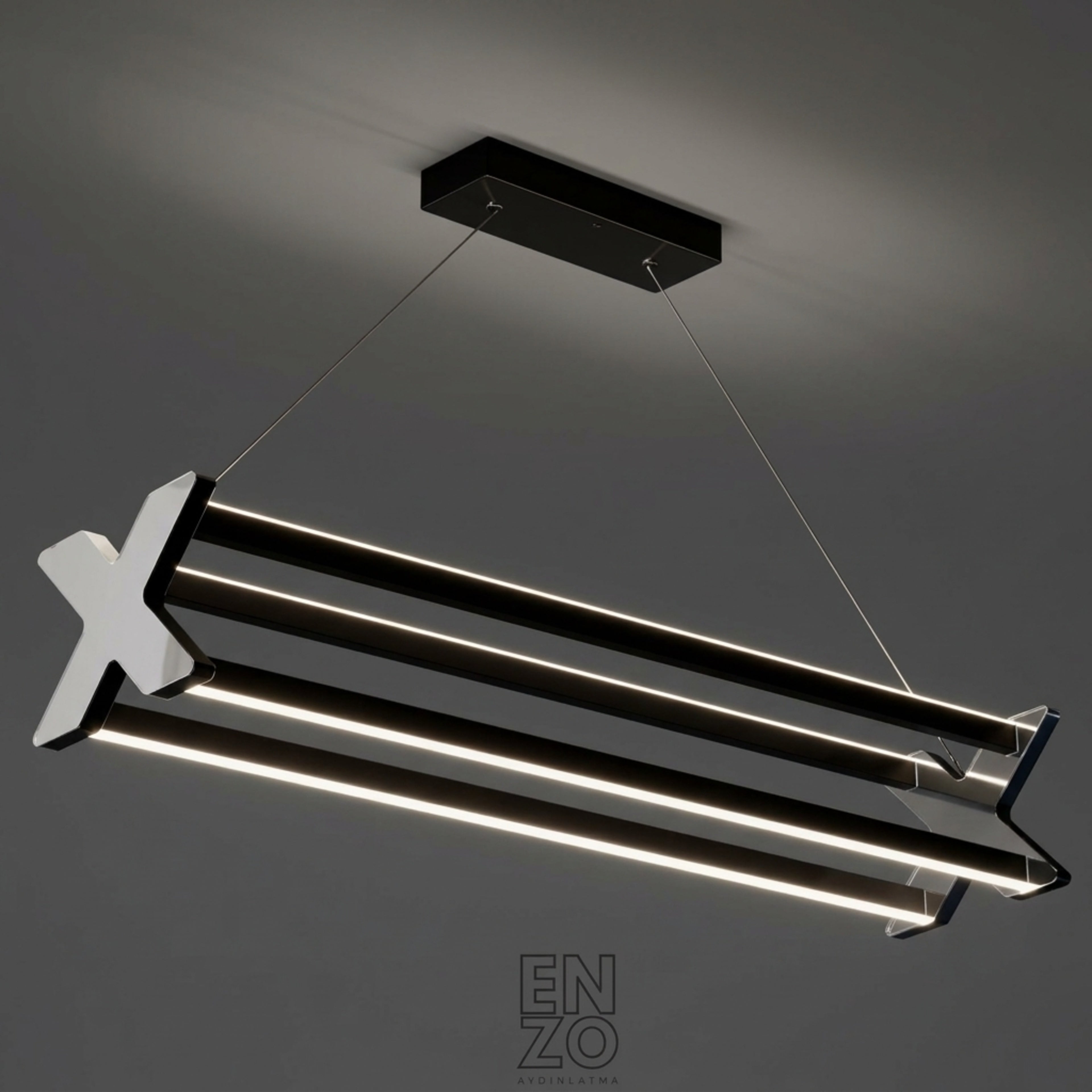 EnzoLight Model X: Benzersiz Form Lineer Sarkıt Avize Modern Lineer LED Sarkıt Avize - Gece Açık Işık Simülasyonu ve Homojen LED Aydınlatma Ambiyansı
