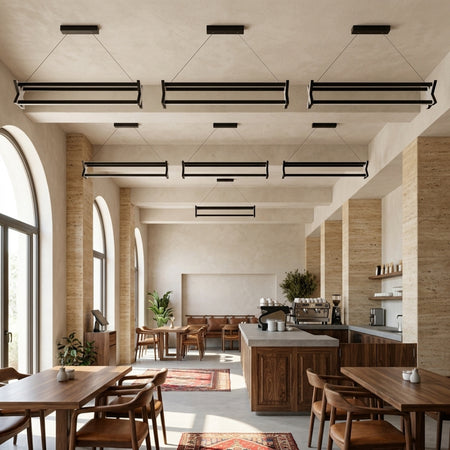 EnzoLight Model X Lineer LED Sarkıt Avize - Cafe, Bar ve Restoran Masası Çağdaş İç Mimari Tasarımında Gündüz Doğal Gün Işığında Tavana Montaj Görünümü