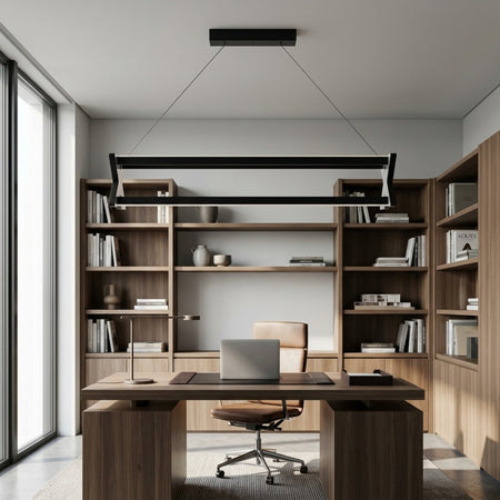 EnzoLight Model X Lineer LED Sarkıt Avize - Çalışma Masası ve Home Office Gündüz Doğal Gün Işığında Tavana Montaj Görünümü