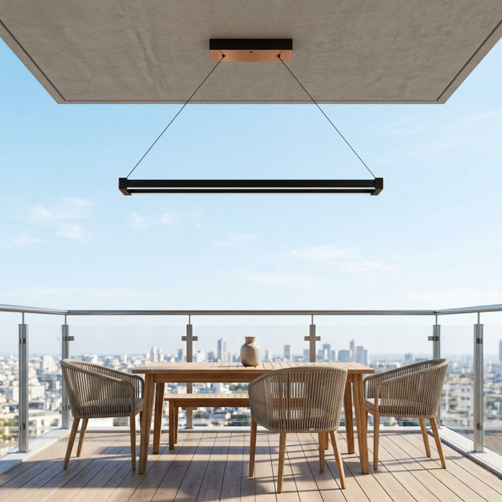 EnzoLight Vega Lineer LED Sarkıt Avize - Kapalı Balkon ve Teras Minimalist Yaşam Konseptinde Gündüz Doğal Gün Işığında Tavana Montaj Görünümü