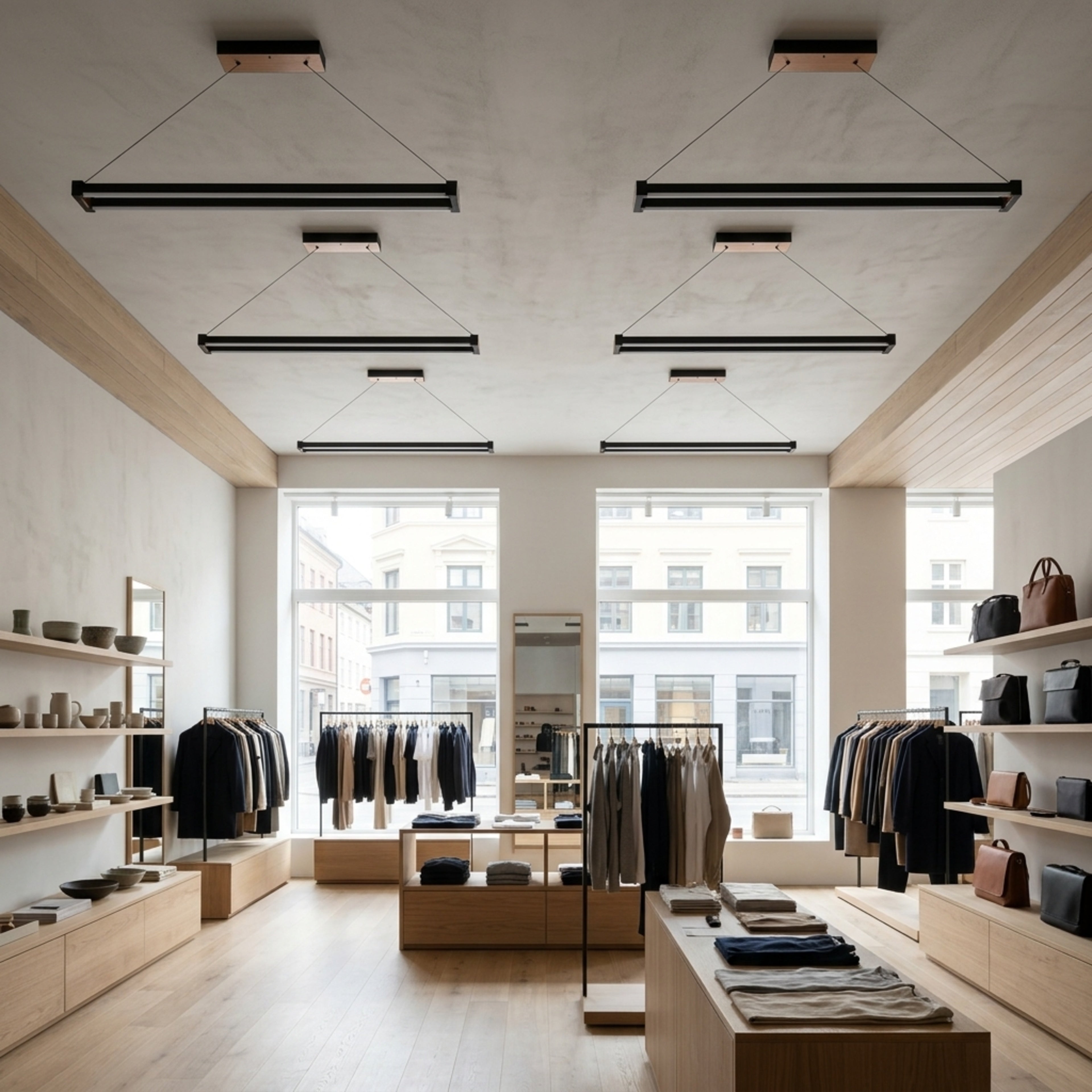 EnzoLight Vega Lineer LED Sarkıt Avize - Mağaza ve Showroom Tavanı İskandinav Sade Çizgilerle Gündüz Doğal Gün Işığında Tavana Montaj Görünümü