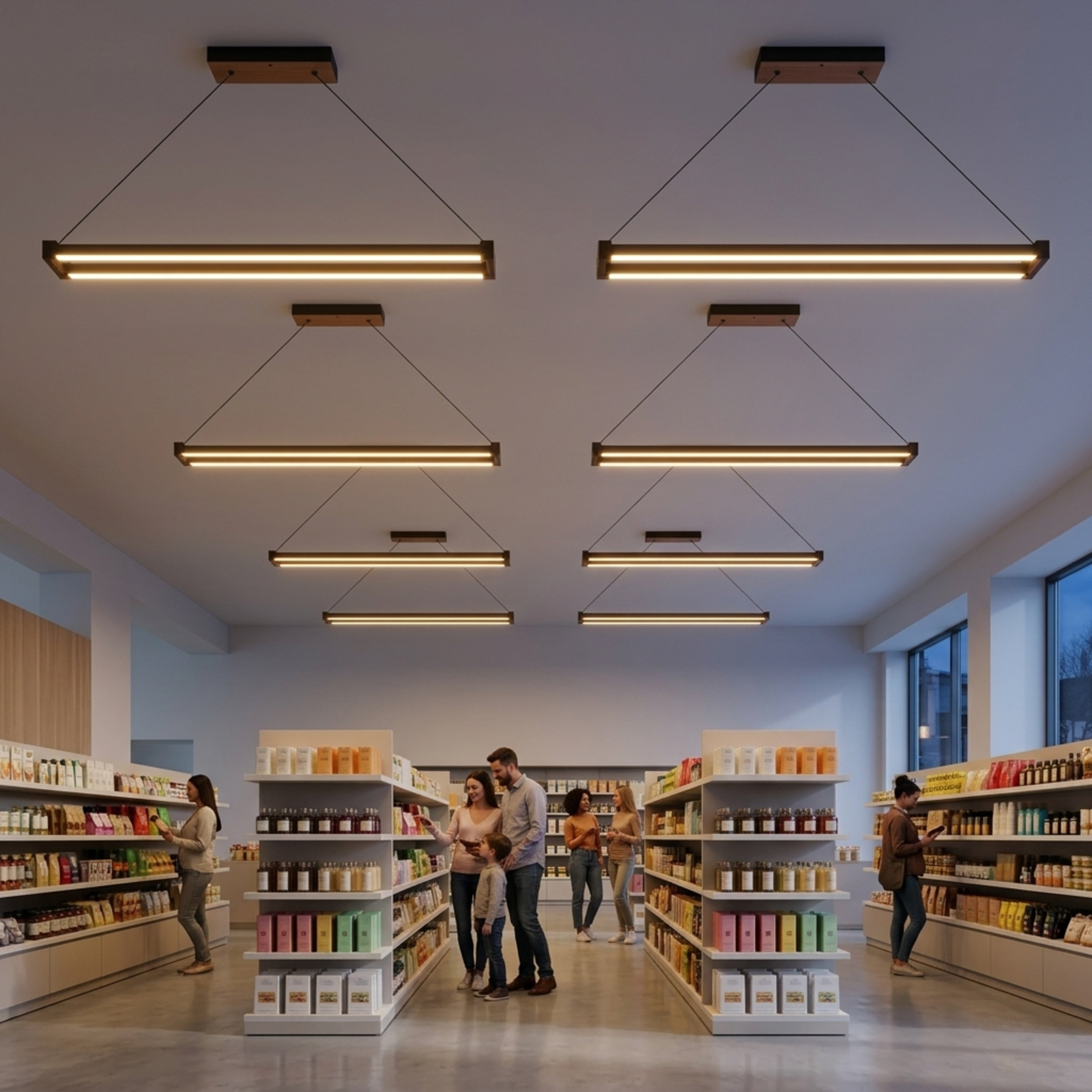 EnzoLight Vega Lineer LED Sarkıt Avize - Mağaza ve Showroom Tavanı Minimalist Yaşam Konseptinde Akşam Açık Işıkla Homojen Sıcak Aydınlatma Ambiyansı