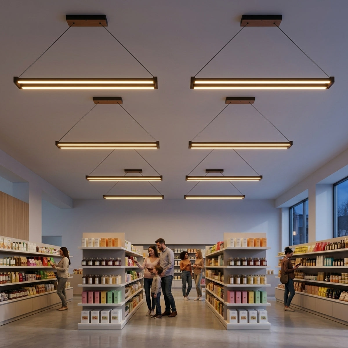 EnzoLight Vega Lineer LED Sarkıt Avize - Mağaza ve Showroom Tavanı Minimalist Yaşam Konseptinde Akşam Açık Işıkla Homojen Sıcak Aydınlatma Ambiyansı