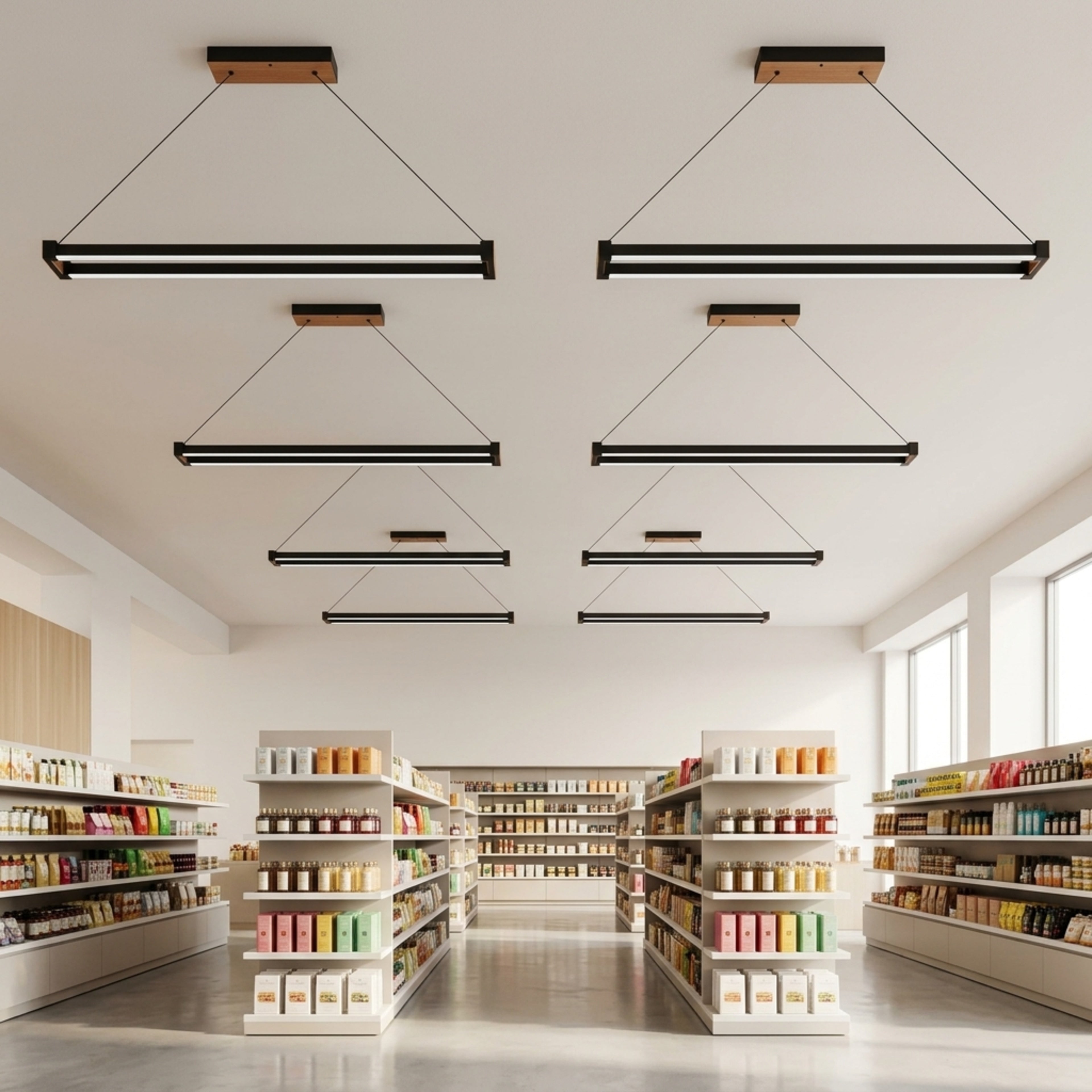 EnzoLight Vega Lineer LED Sarkıt Avize - Mağaza ve Showroom Tavanı Minimalist Yaşam Konseptinde Gündüz Doğal Gün Işığında Tavana Montaj Görünümü