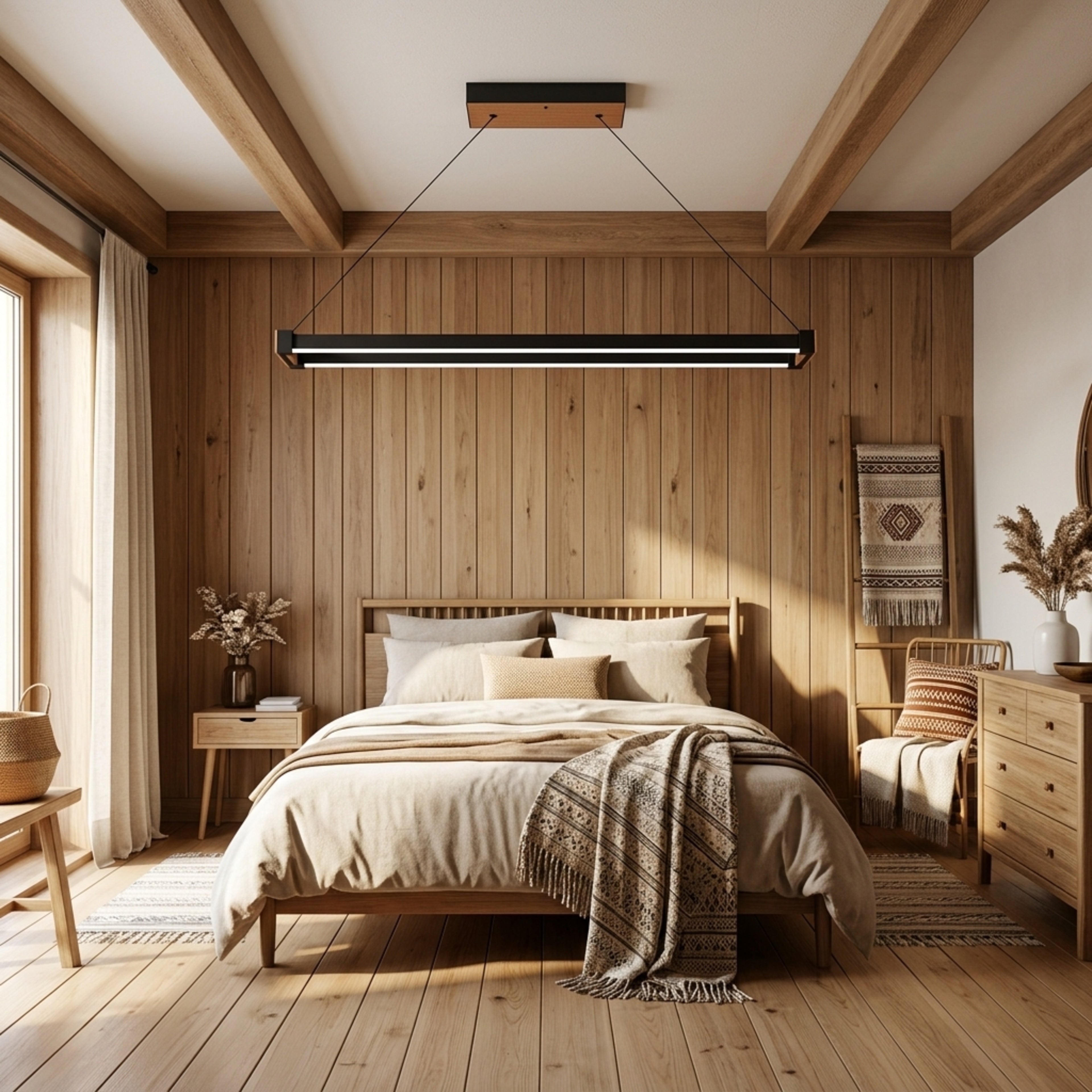 EnzoLight Vega Lineer LED Sarkıt Avize - Lüks Yaşam Alanı Avrupa İç Mimari Stilinde Gündüz Doğal Gün Işığında Tavana Montaj Görünümü