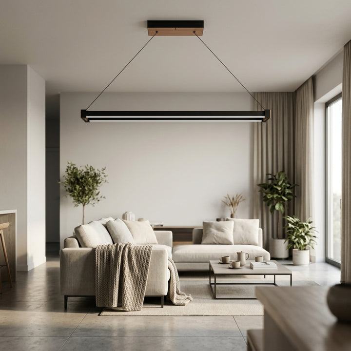 EnzoLight Vega Lineer LED Sarkıt Avize - Lüks Salon ve Oturma Odası Minimalist Yaşam Konseptinde Gündüz Doğal Gün Işığında Tavana Montaj Görünümü